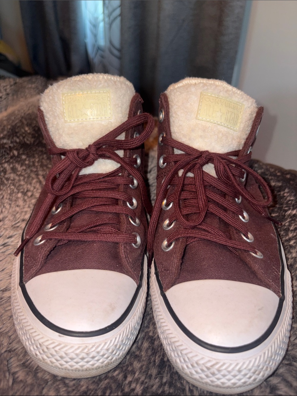 Converse Women’s High-Top Sneakers in Burgundy with Cream Sherpa